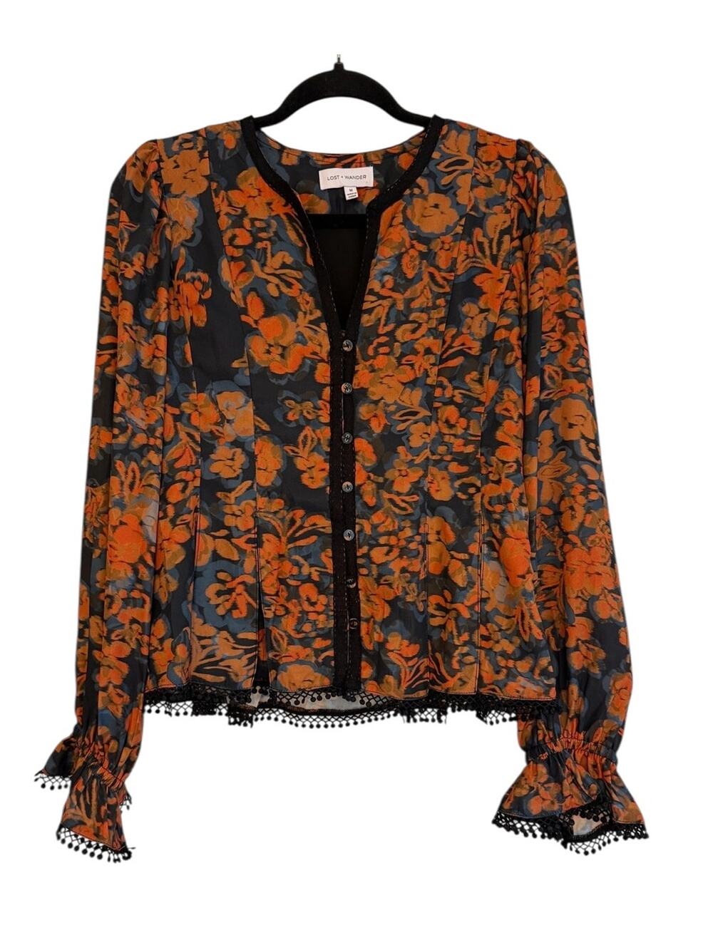 Lost + Wander Sheer Floral Blouse M Black Rust Boho Lace Trim Button Front